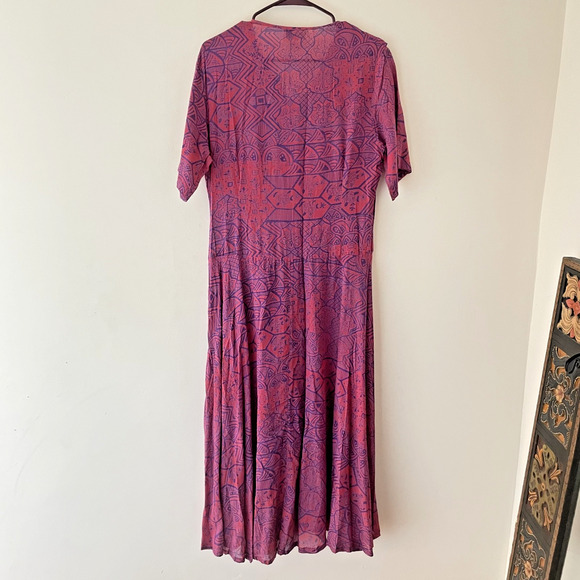 Vintage 70s Ruffle Collar Boho Prairie Dress Purple Batik Print Sheer Hippie - Picture 4 of 11